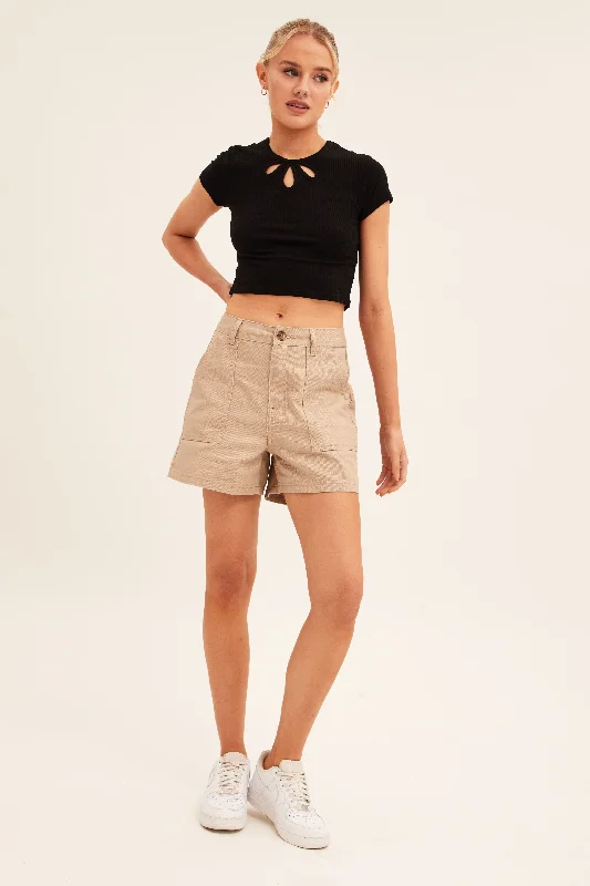 peach high waisted shorts vibrant -Beige Cargo Short High Waist Cotton Twill