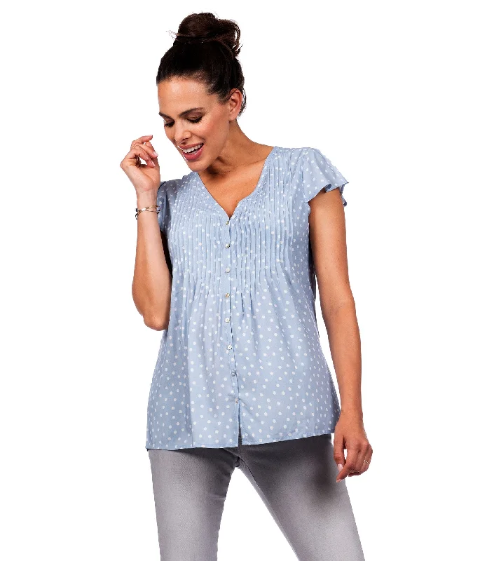 lilac ruffle blouses trendy -Seraphine Claudia Blue Dot Flutter Sleeve Maternity & Nursing Blouse