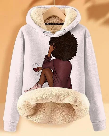 hoodie for cozy trips -Plush and Warm Red Wine Afro Girl Long-sleeved Hoodie