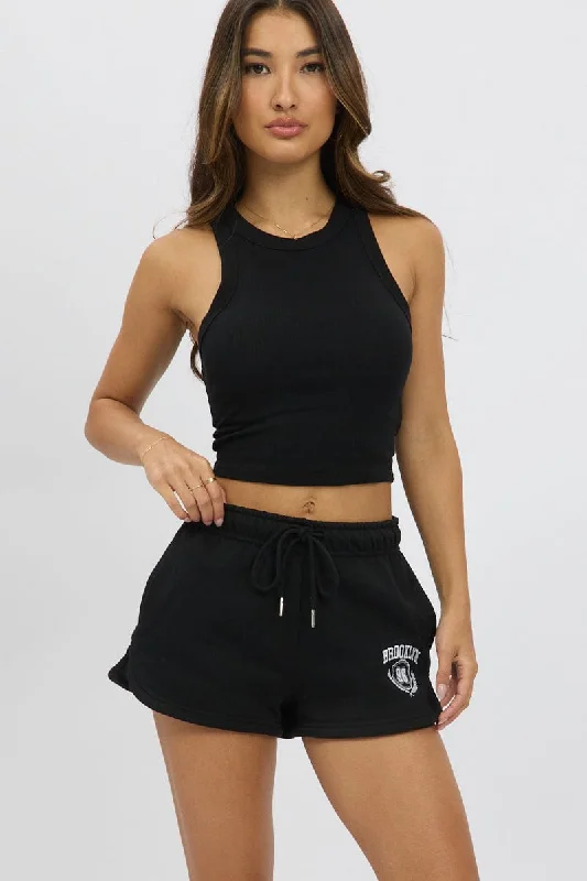 lilac jean shorts cute -Black Track Shorts Mid Rise