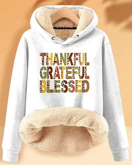 hoodie for cozy hikes -Plush and Warm Thankful Grateful Blessed Long-sleeved Hoodie