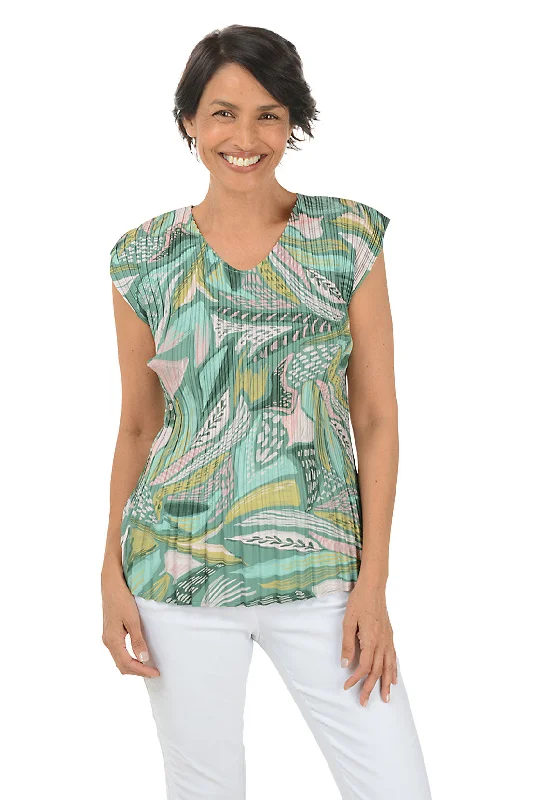 heather grey shirts trendy -Leafy Green V-Neck Pleated Blouse