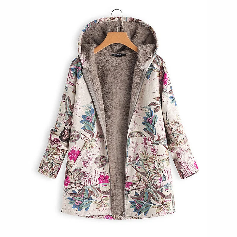 hoodie in warm pinks -Women's printed hoodies winter new women's high-quality cotton and linen warm plush jacket large size casual loose shirt