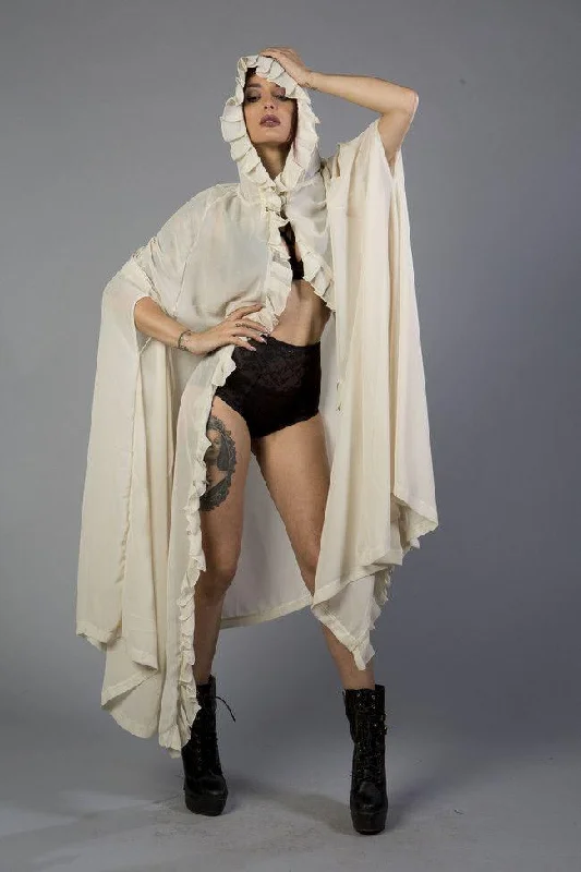 hoodie with check edging -Hooded Gothic Victorian Cape In Cream Chiffon