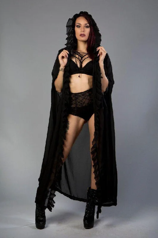 hoodie with knot edging -Hooded Gothic Victorian Cape In Black Chiffon