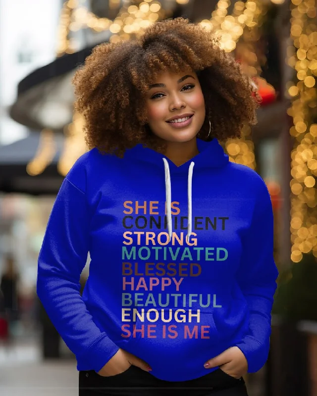 hoodie with grid hem -She Is Me Empowerment Graphic Long-sleeved Hoodie