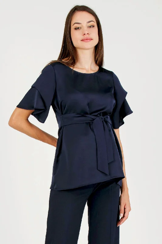 teal tailored shirts sleek -Erica Maternity Blouse with Draped Sleeve Navy