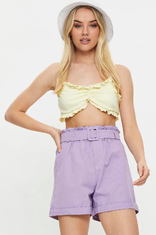 olive denim shorts casual -Purple Belted Elastic Waist Short