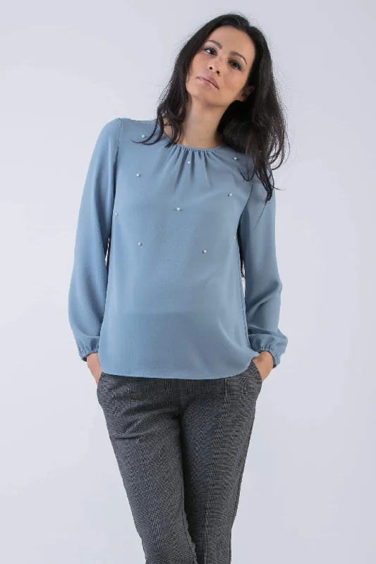 olive ruffle shirts elegant -Talia Pearl Embellished Maternity Blouse in Slate Blue