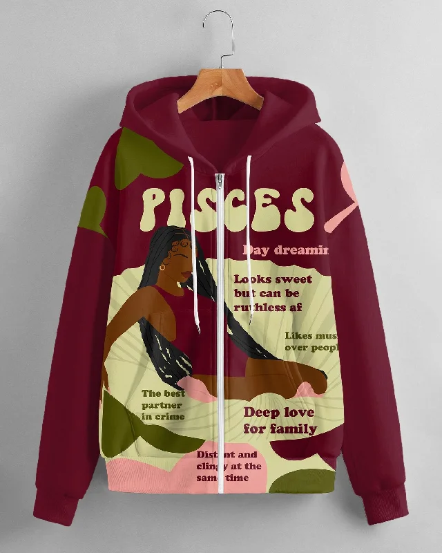 hoodie with wave collar -Women's Fashion Daily Black Pisces Women Print Long Sleeve Zipper Hoodie