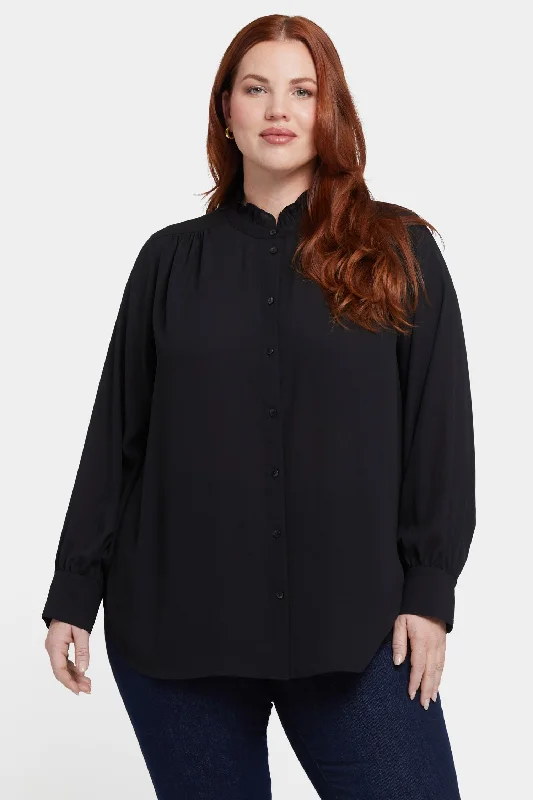 teal plaid shirts chic -Ruffle Neck Blouse In Plus Size - Black