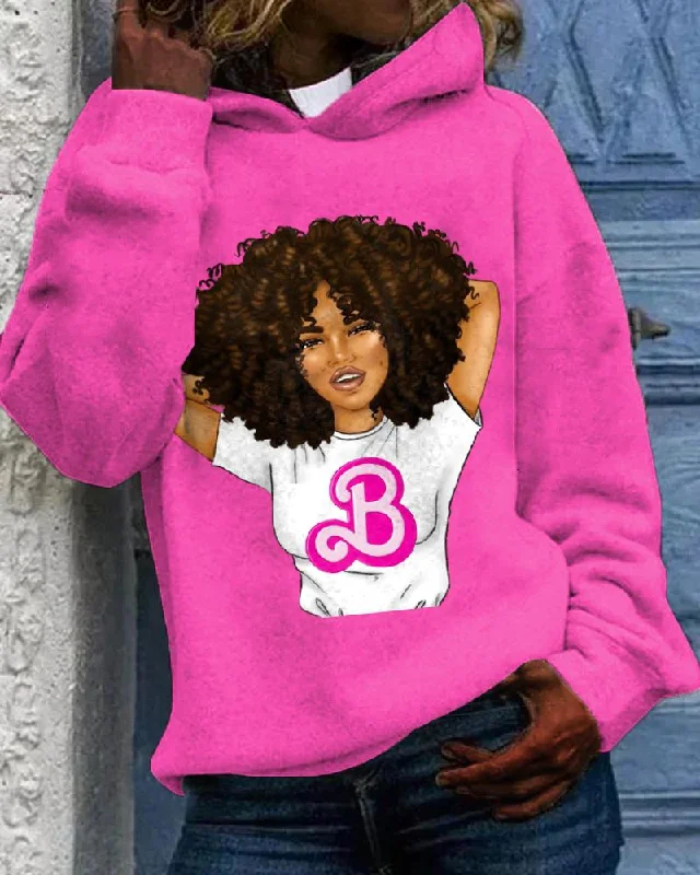 hoodie with pleated hood -Afro Barbie Girl Print Long-sleeved Hoodie