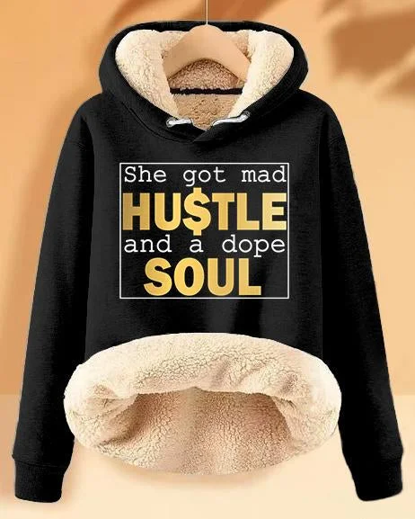 hoodie with check trim -Plush and Warm She Got Mad Hustle And A Dope Soul Long-sleeved Hoodie