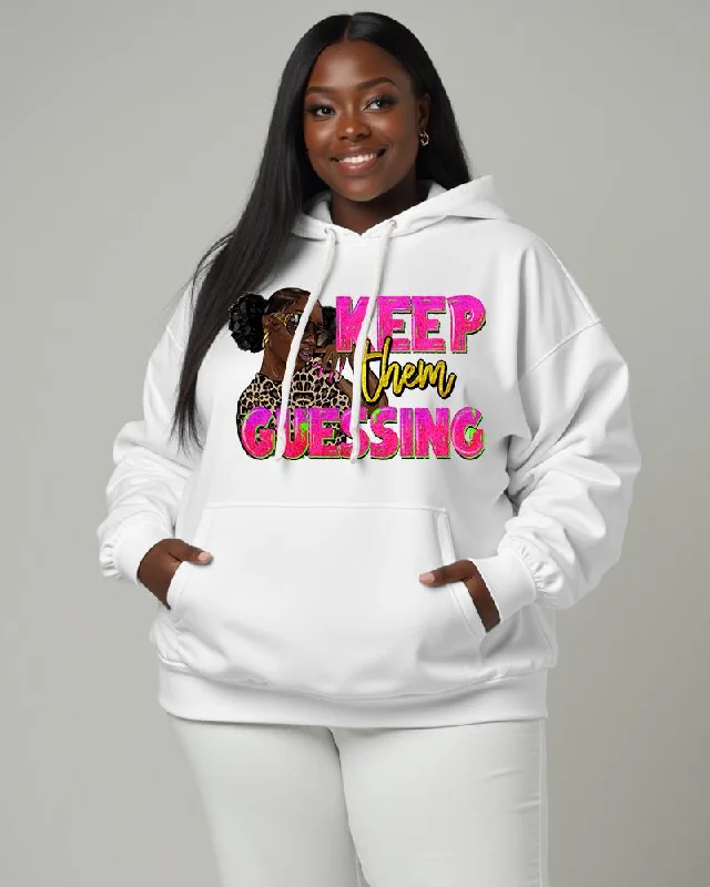 hoodie for evening strolls -Women's Black Girl Slogan Keep Them Guessing Pocket Long Sleeve Hoodie