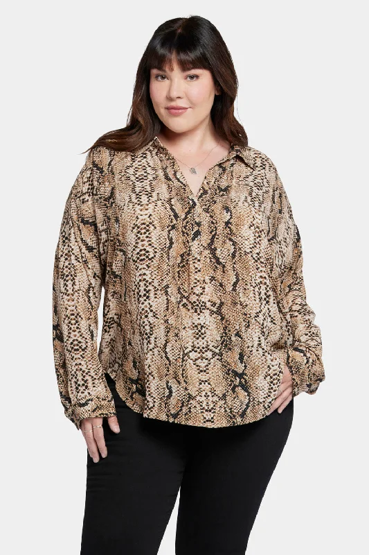 navy ruffle shirts feminine -Becky Blouse In Plus Size - Victorian Python Pink Taupe