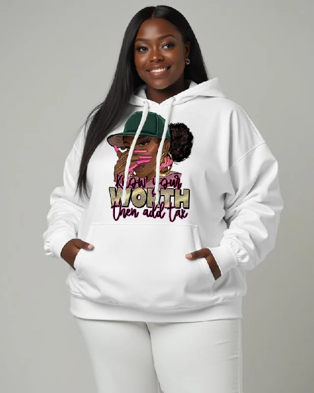 hoodie with ribbon texture -Women's Black Girl Slogan Know Your Worth Then Add Tax Pocket Long Sleeve Hoodie