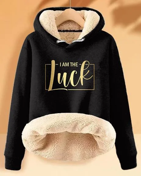 hoodie with pleated edge -Plush and Warm I Am The Luck Long-sleeved Hoodie