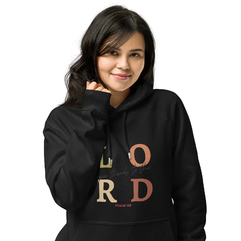 hoodie with ruffle trim -Lord Give Thanks Graphic Women Eco Raglan Hoodie