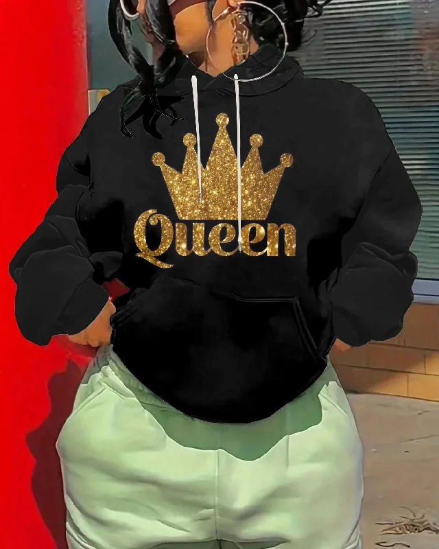 hoodie with pleated line -Golden Crown Women Long-sleeved Hoodie