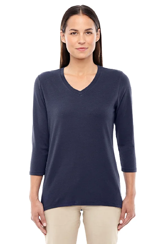 pastel blue t-shirts feminine -Devon & Jones Womens Perfect Fit 3/4 Sleeve V-Neck T-Shirt - Navy Blue