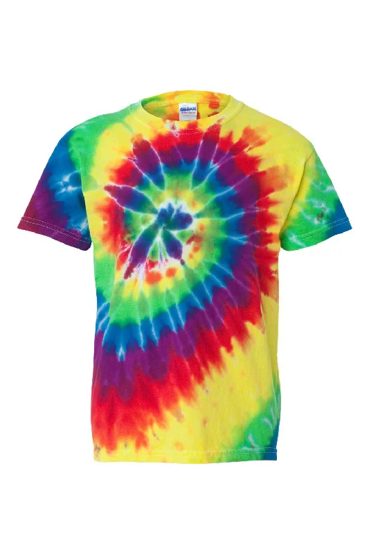 striped teal t-shirts casual -Dyenomite Youth Spiral Tie Dyed Short Sleeve Crewneck T-Shirt - Classic Rainbow Spiral