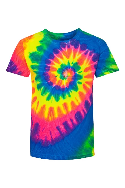 camo crew neck t-shirts tough -Dyenomite Youth Spiral Tie Dyed Short Sleeve Crewneck T-Shirt - Fluorescent Rainbow Spiral