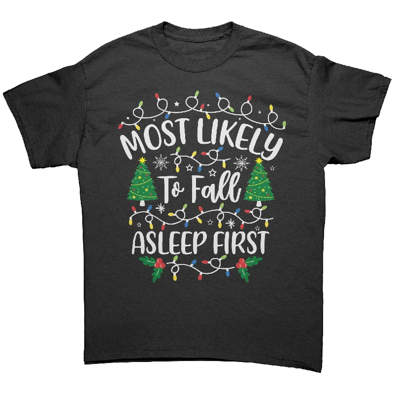 camo oversized t-shirts rugged -Most likely to Fall Asleep First Christmas Unisex T-Shirt Family T-Shirts