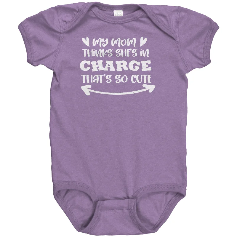 bold red t-shirts statement -My Mom Thinks She's in Charge Baby One Piece Snap Bodysuit