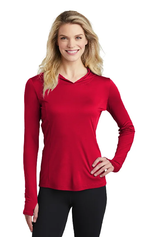 aqua v-neck t-shirts vibrant -Sport-Tek Womens Competitor Moisture Wicking Long Sleeve Hooded T-Shirt Hoodie - True Red - Closeout