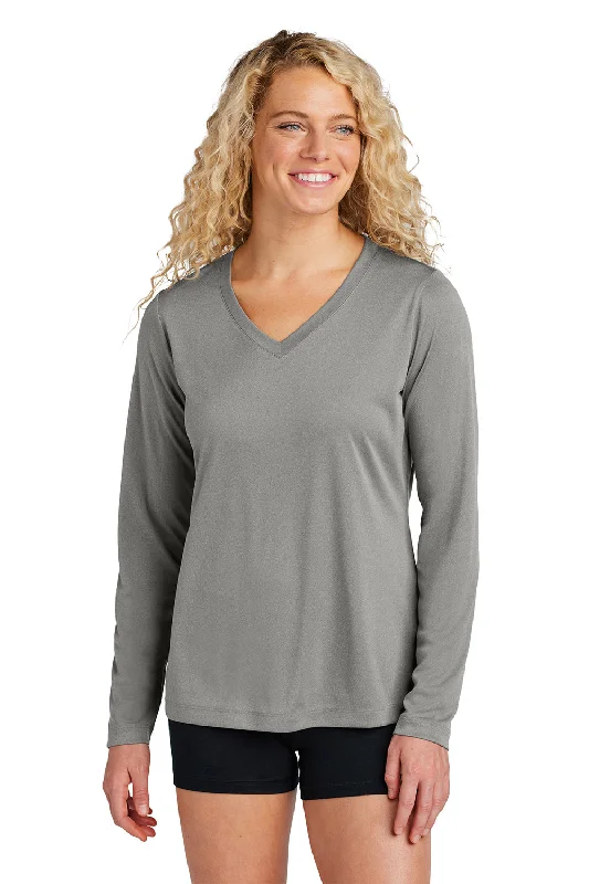 lilac slim fit t-shirts sleek -Sport-Tek Womens Competitor Moisture Wicking Long Sleeve V-Neck T-Shirt - Heather Concrete Grey