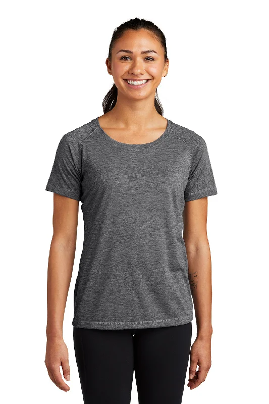 sage long sleeve t-shirts cozy -Sport-Tek Womens Moisture Wicking Short Sleeve Scoop Neck T-Shirt - Heather Dark Grey