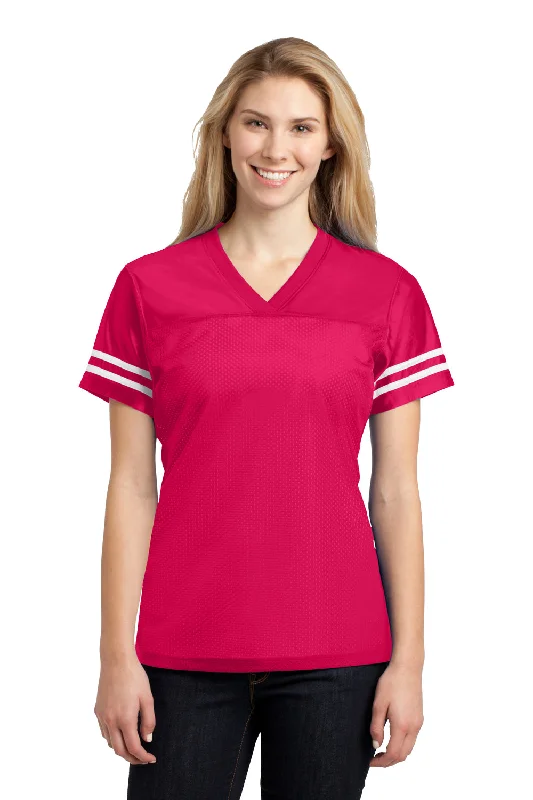 striped green t-shirts fresh -Sport-Tek Womens Short Sleeve V-Neck T-Shirt - Raspberry Pink/White - Closeout