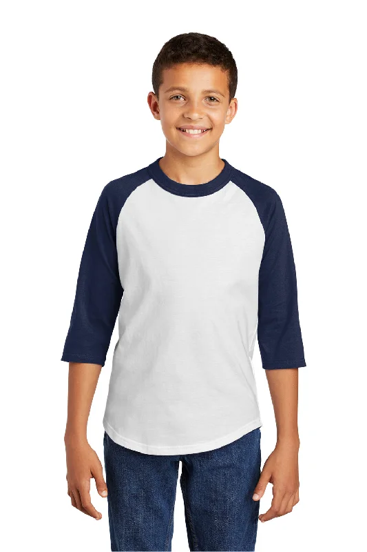 taupe graphic t-shirts neutral -Sport-Tek Youth 3/4 Sleeve Crewneck T-Shirt - White/Navy Blue