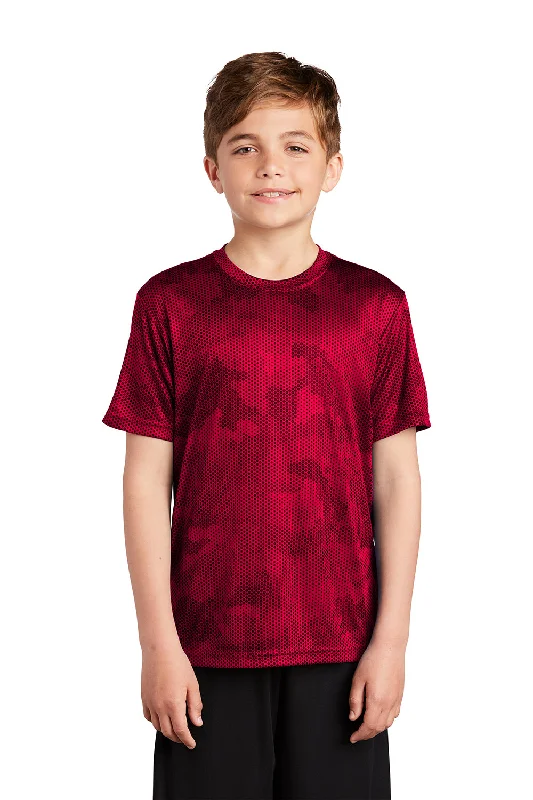 maroon polo t-shirts for office -Sport-Tek Youth CamoHex Moisture Wicking Short Sleeve Crewneck T-Shirt - Deep Red