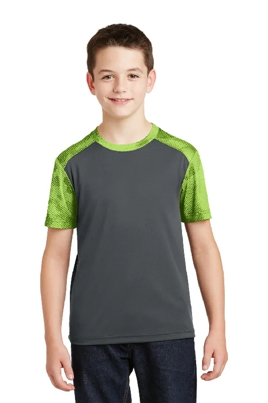 camo oversized t-shirts rugged -Sport-Tek Youth CamoHex Moisture Wicking Short Sleeve Crewneck T-Shirt - Iron Grey/Lime Shock Green - Closeout