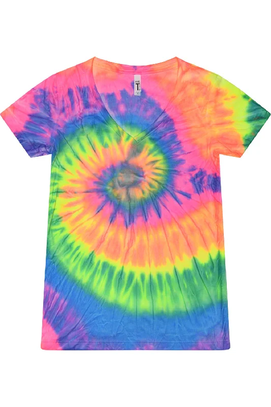 eco cotton t-shirts sustainable -Tie-Dye Womens Short Sleeve V-Neck T-Shirt - Neon Rainbow