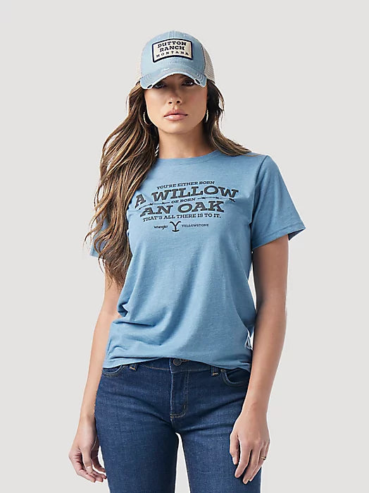 distressed punk t-shirts edgy -WRANGLER X YELLOWSTONE WOMEN'S WILLOW OR OAK SHORT SLEEVE TEE