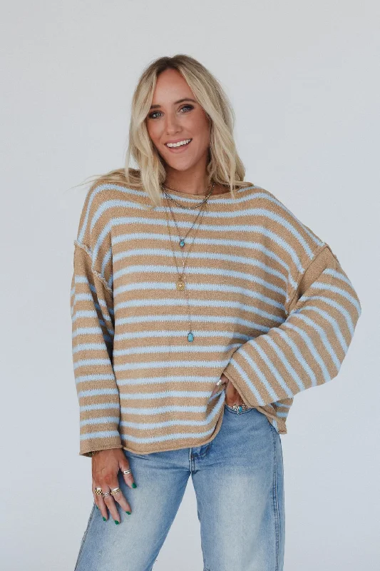 pullover sweater modern navy -All My Stripes Oversized Sweater - Taupe