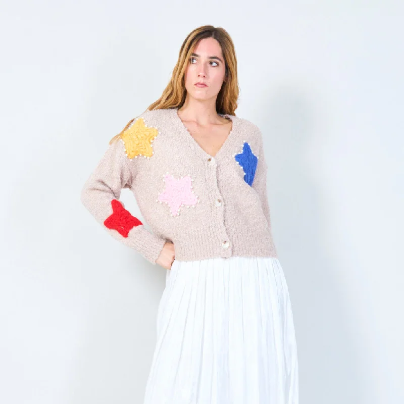 cardigan vibrant beige -Button-up cardigan with star appliqués and pearl accents wholesale