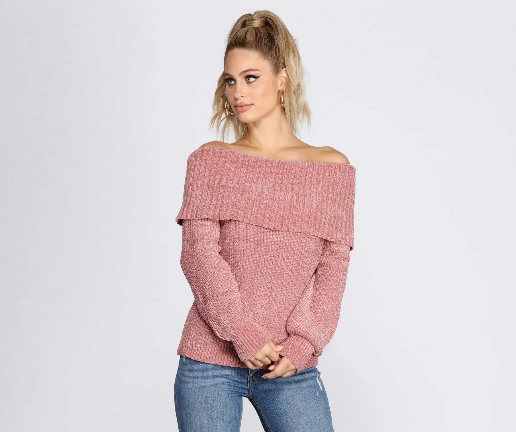 pullover sweater comfy cotton -Chic Off The Shoulder Chenille Sweater