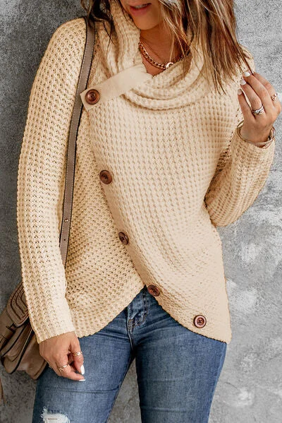 pullover sweater casual beige -Decorative Button Mock Neck Sweater