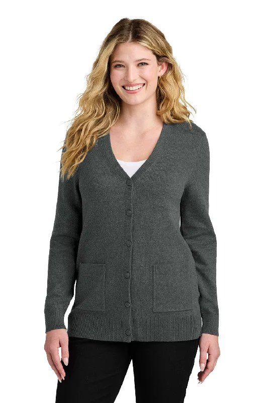 cardigan warm olive -Port Authority Womens Easy Care Button Front Long Sleeve Cardigan Sweater w/ Pockets - Heather Charcoal Grey - COMING SOON