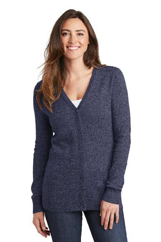 cardigan neutral blue -Port Authority Womens Long Sleeve Cardigan Sweater - Navy Blue Marl