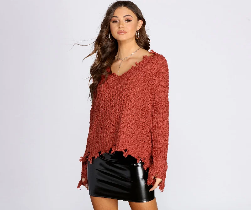 pullover sweater bold blend -Stylishly Distressed V-Neck Sweater