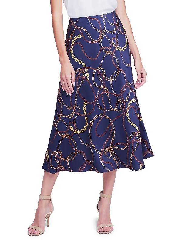 coral silk skirts feminine -Clarisa Midi Skirt In Navy