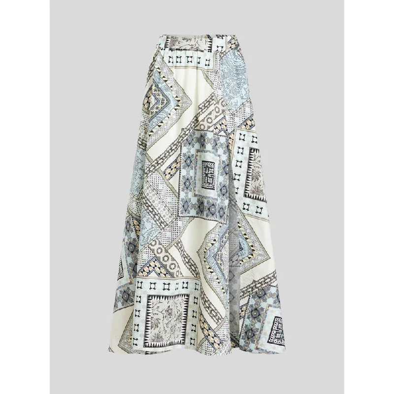 heather grey pleated skirts trendy -Cotton Skirt With Patchwork Pattern