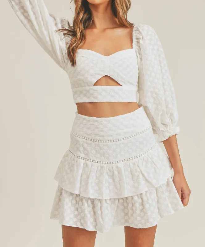 navy pleated skirts trendy -Eyelet Crop Top And Mini Skirt Set In White