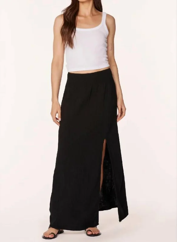 teal pleated skirts sleek -Front Slit Maxi Skirt In Black