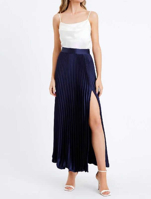 teal leather skirts edgy -Honor Pleated Maxi Skirt In Navy