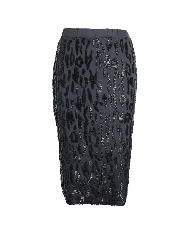 maroon chiffon skirts elegant -Prada Beaded Leopard Pencil Skirt in Black Polyester